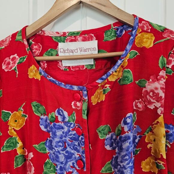 Vintage Richard Warren Silk Blouse Women Sz 10 Red Peplum 80s Glam Floral Girly - Picture 4 of 9